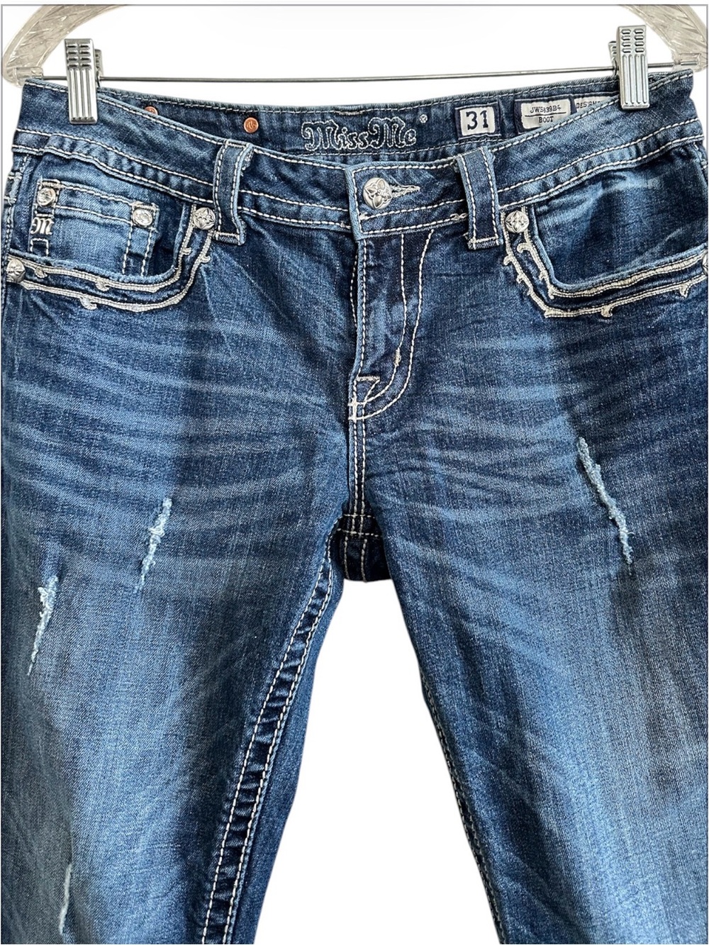 Miss Me JW539B4 Embellished Pockets Distressed Boot Cut Jeans Size 31 X 29 - Picture 3 of 11